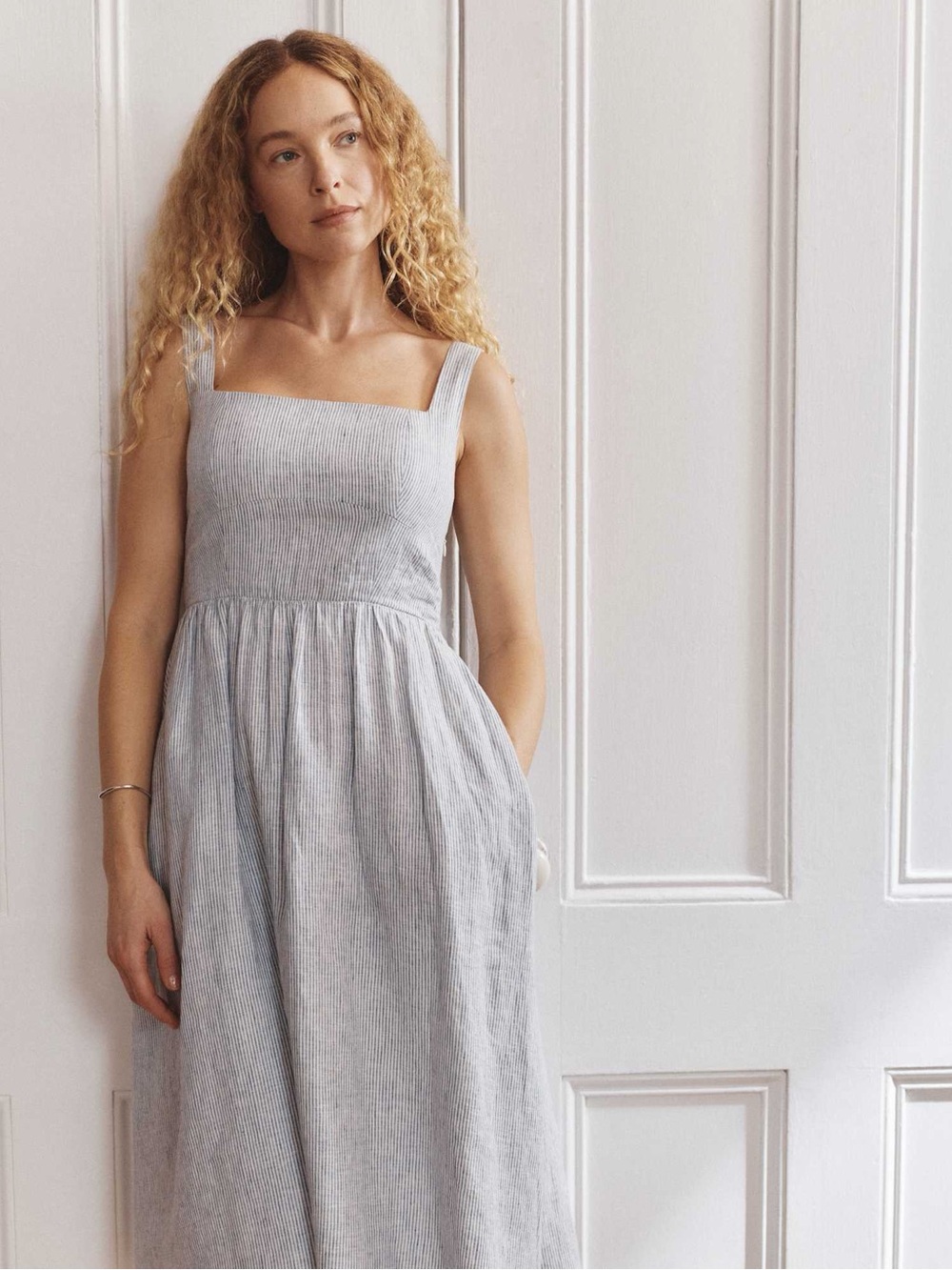 Sleeveless Blue Striped Midi Dress